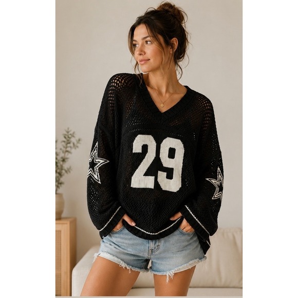Unbranded Sweaters - Black Crochet Hockey Football Jersey Sweater Boston Oversized Open Knit XL
